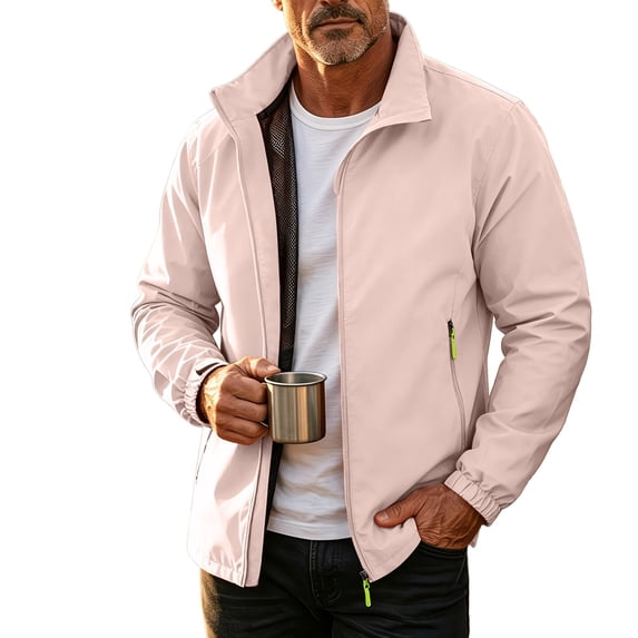 FchengtaiS Mens Waterproof Shell Jackets Stand Collar Windproof Lightweight Coat Full Zip Outdoor Hiking Fishing Outerwear