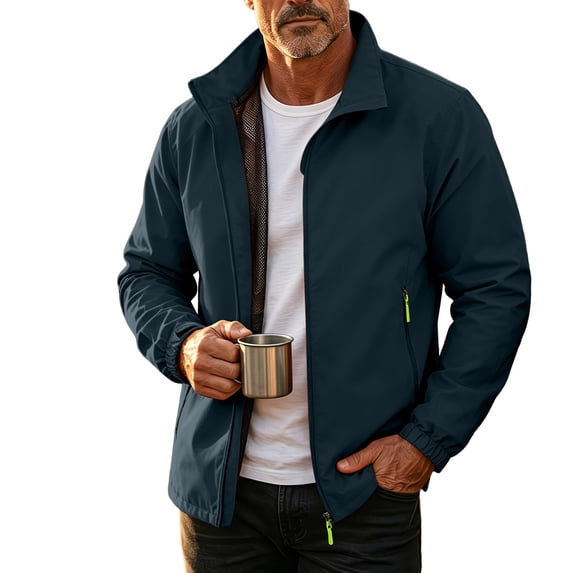 FchengtaiS Mens Waterproof Shell Jackets Stand Collar Windproof Lightweight Coat Full Zip Outdoor Hiking Fishing Outerwear