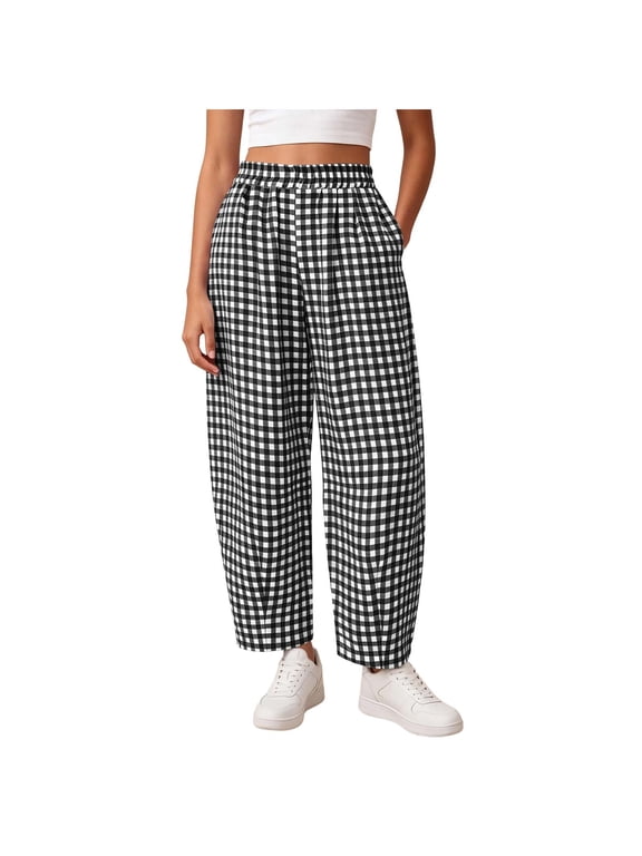 Plaid Barrel Pants Women Summer Casual Wide Leg Gingham Trousers Loose Lounge Beach Bottoms with Pockets