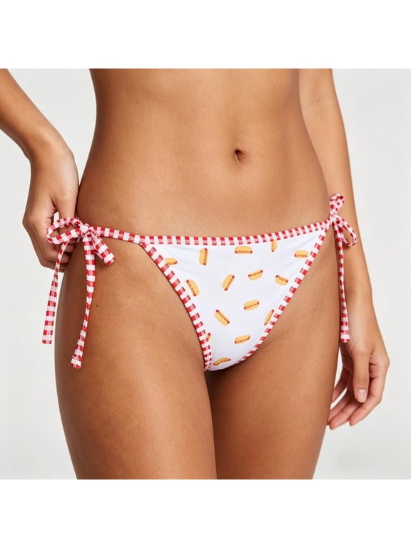 Reversible Bikini Set Women 2-in-1 Bathing Suit Triangle Halter Top Low Rise String Bottom 4th of July Hotdog Print Summer Swimsuit