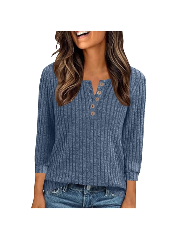 Ribbed Knit Henley Shirts for Women Button Down 3/4 Sleeve Tops Dressy Casual Lightweight Pullover Sweaters