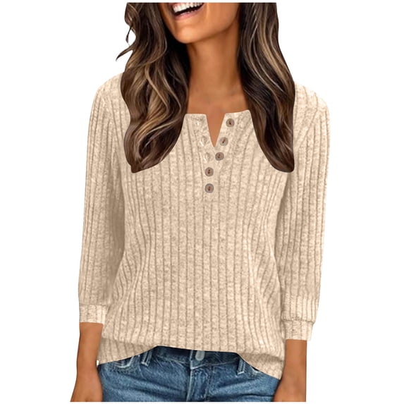 FchengtaiS Ribbed Knit Henley Shirts for Women Button Down 3/4 Sleeve Tops Dressy Casual Lightweight Pullover Sweaters