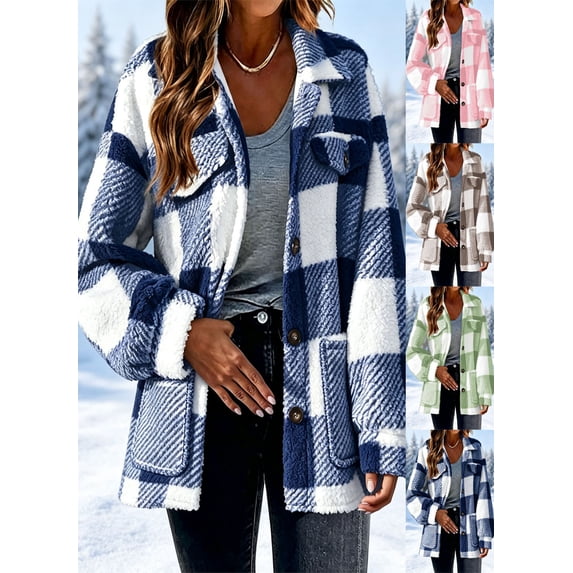 FchengtaiS Sherpa Fleece Jackets For Women Fuzzy Button Down Plaid Coats Fall Winter Warm Outerwear With Pocket
