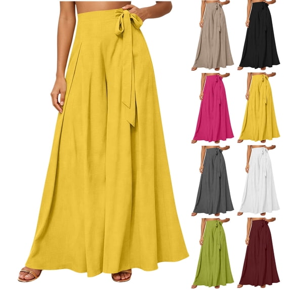 FchengtaiS Wide Leg Palazzo Pants for Women Summer Spring Casual High Waisted Flowy Trousers Boho Beach Vacation Belted Bottom