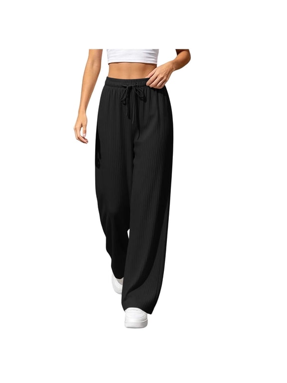 Wide Leg Ribbed Sweatpants for Women Drawstring Elastic Waist Trousers Baggy Lounge Pants with Pockets