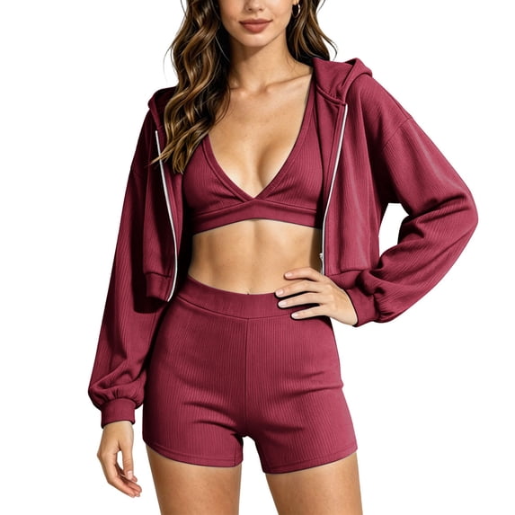 FchengtaiS Women 3 Piece Tracksuit Sets Long Sleeve Zip Up Cropped Jacket & Sport Bra & Matching Shorts Outfits Casual Athletic Sweatsuits