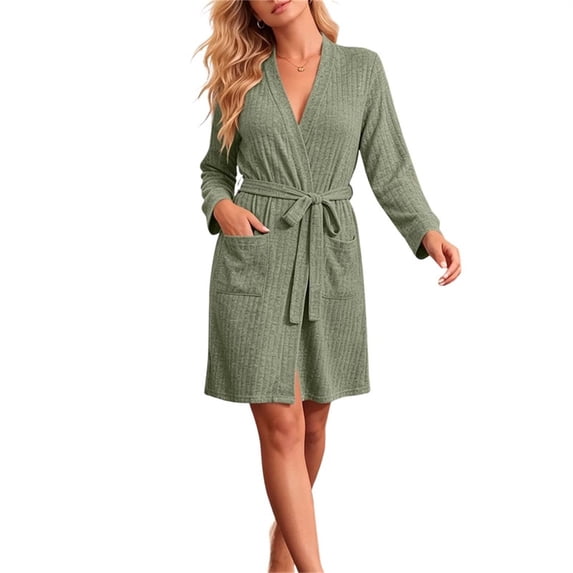 FchengtaiS Women Ribbed Knit Robes Lightweight Short Bathrobe Long Sleeve Soft Robes Sleepwear Loungewear with Pockets