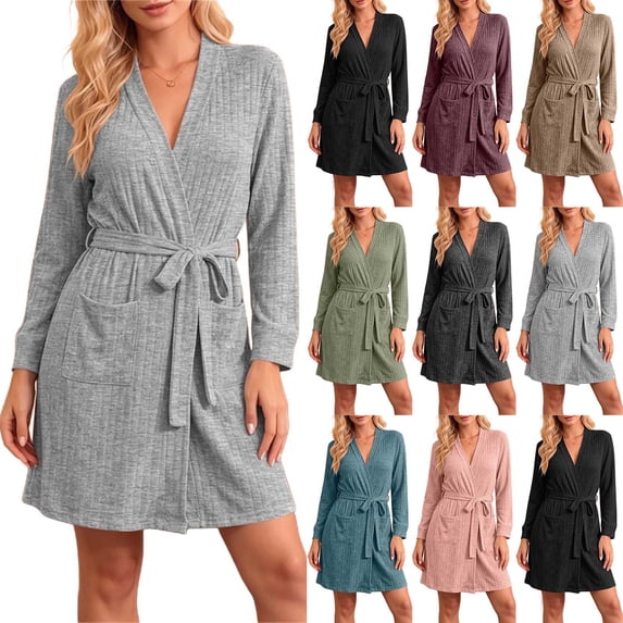 FchengtaiS Women Ribbed Knit Robes Lightweight Short Bathrobe Long Sleeve Soft Robes Sleepwear Loungewear with Pockets