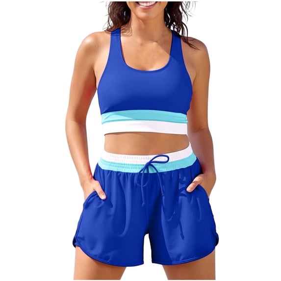 FchengtaiS Women Two Piece Athletic Swimsuits High Waisted Bikini Set Sporty Crop Top with Boy Shorts Color Block Bathing Suits
