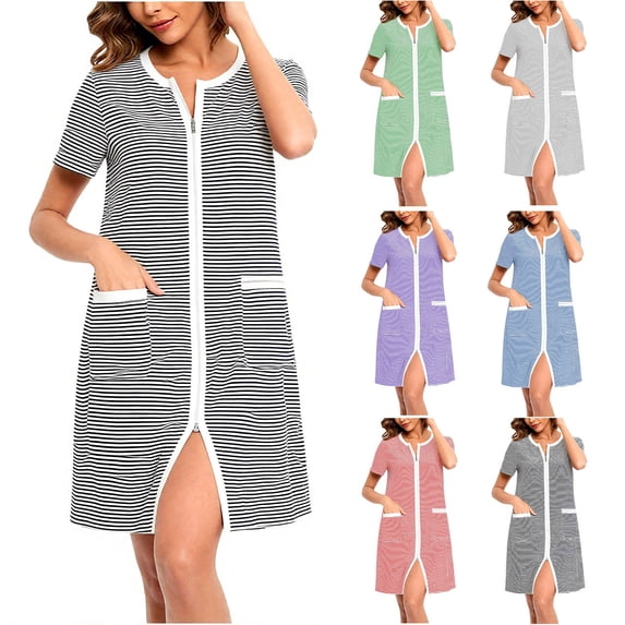 FchengtaiS Women Zipper Front House Coat Short Sleeves Striped Robe Zip Up Bathrobes Short Nightgown with Pockets
