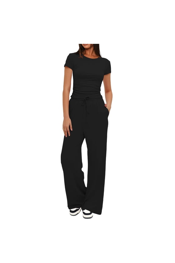 Women's 2 Piece Outfits Lounge Sets Short Sleeve Ruched Tops and Wide Leg Pants Tracksuit Sets with Pockets