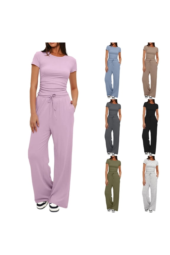 Women's 2 Piece Outfits Lounge Sets Short Sleeve Ruched Tops and Wide Leg Pants Tracksuit Sets with Pockets