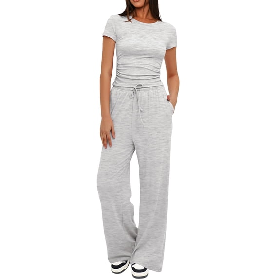 FchengtaiS Women's 2 Piece Outfits Lounge Sets Short Sleeve Ruched Tops and Wide Leg Pants Tracksuit Sets with Pockets