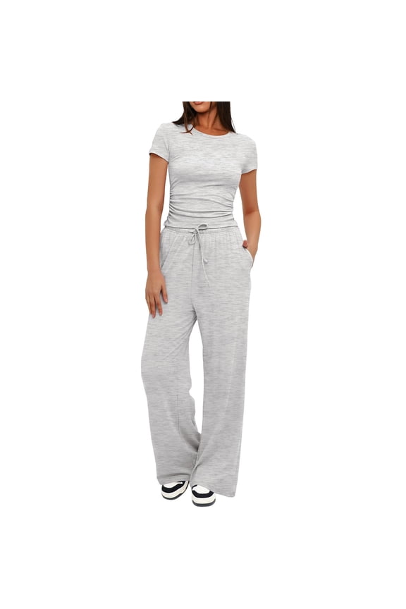 Women's 2 Piece Outfits Lounge Sets Short Sleeve Ruched Tops and Wide Leg Pants Tracksuit Sets with Pockets