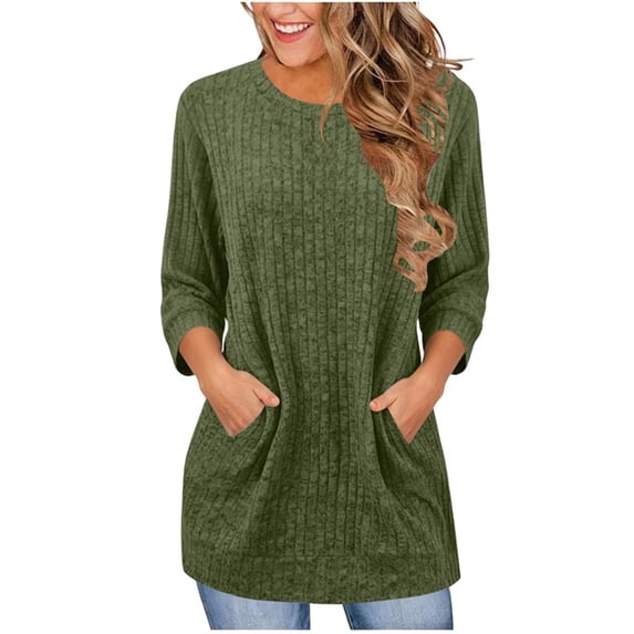 FchengtaiS Women's 3/4 Sleeve Ribbed Knit Shirts Crew Neck Lightweight Tunic Sweaters Casual Fall Tops with Pockets