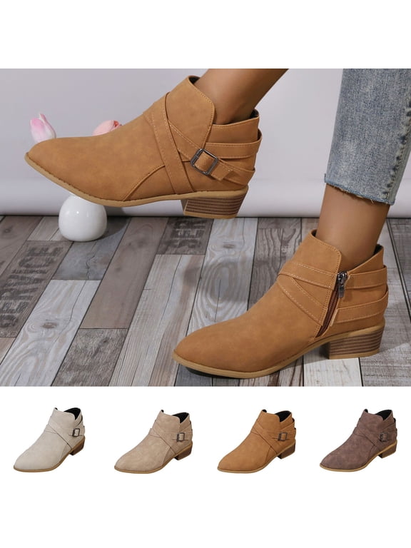 Women's Ankle Boots Low Heel Chunky Short Booties Side Zipper Shoes with Pointed Toe