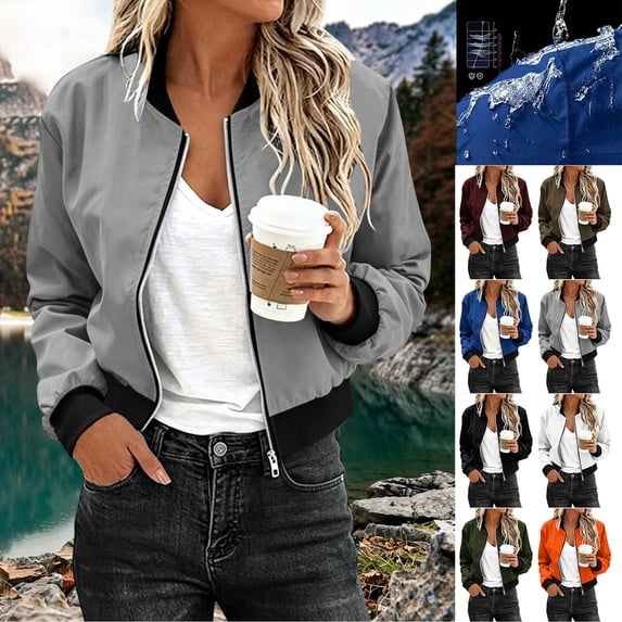 FchengtaiS Women's Bomber Jacket Casual Zip Up Coat Spring Fall Windbreaker Outerwear with Pockets