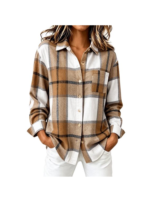 Women's Flannel Shirts Button Down Plaid Shirt Jacket Casual Long Sleeve Fall Shacket with Pockets