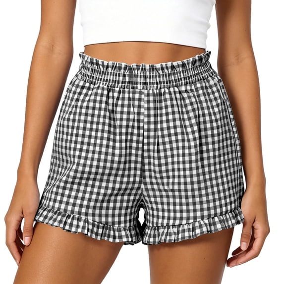 FchengtaiS Women's Gingham Ruffle Lounge Shorts Elastic High Waist Pajamas Boxer Shorts with Pockets Summer Causal Bottom