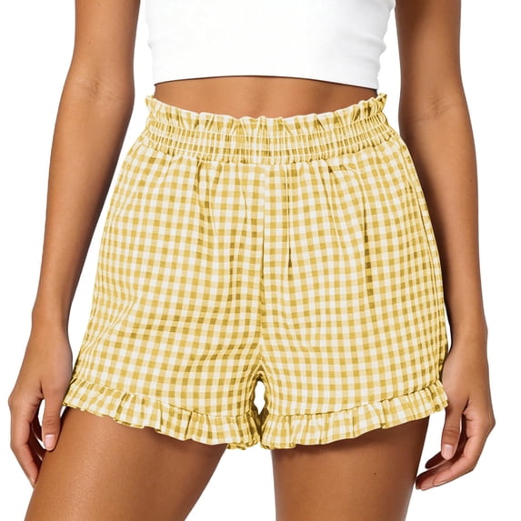 FchengtaiS Women's Gingham Ruffle Lounge Shorts Elastic High Waist Pajamas Boxer Shorts with Pockets Summer Causal Bottom