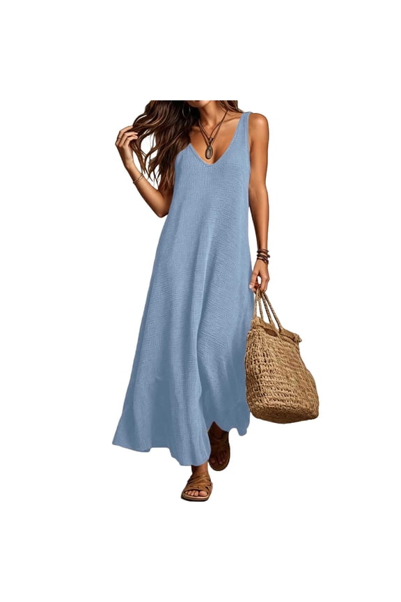 Women's Knit Sleeveless Maxi Dress Summer V Neck Ribbed Tank Dresses Casual Loose Beach Coverup Dress