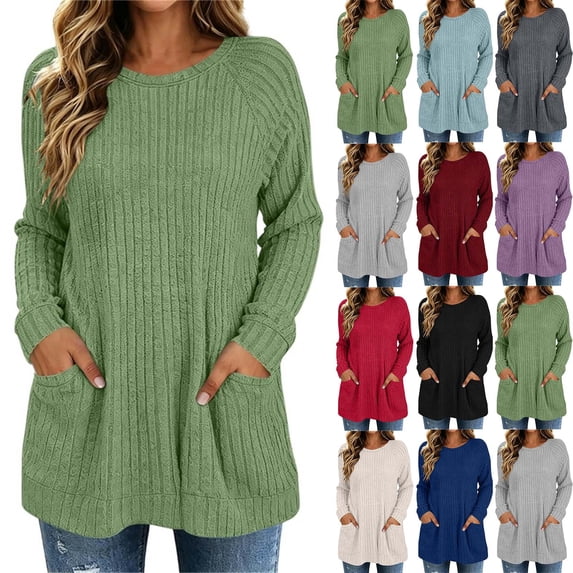 FchengtaiS Women's Long Sleeve Ribbed Knit Shirts Crew Neck Lightweight Loose Sweaters Fall Casual Pullover Tops with Pockets