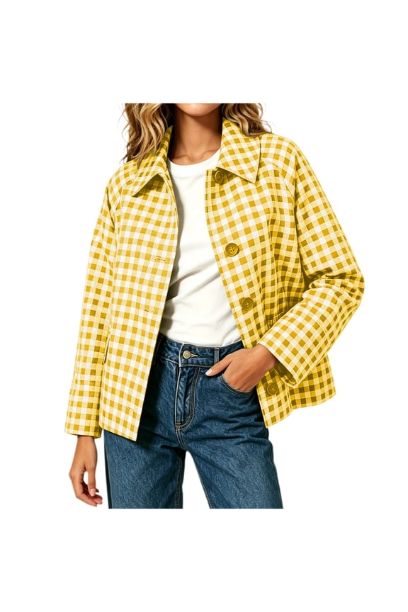 Women's Plaid Cropped Jacket Long Sleeve Button Down Shirts Shacket Fall Lightweight Crop Coat with Pockets