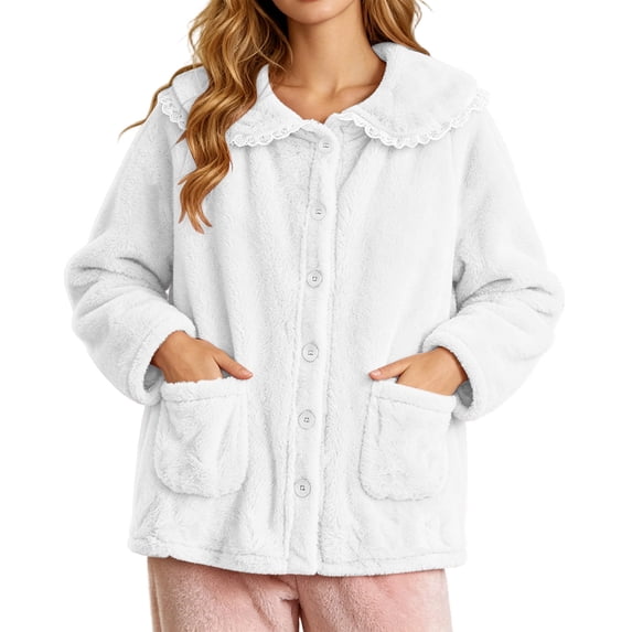 FchengtaiS Women's Plush Fleece Bed Jacket Winter Warm Fuzzy Pajama Tops Button Down Sleepwear Bed Coat Loungewear with Pockets