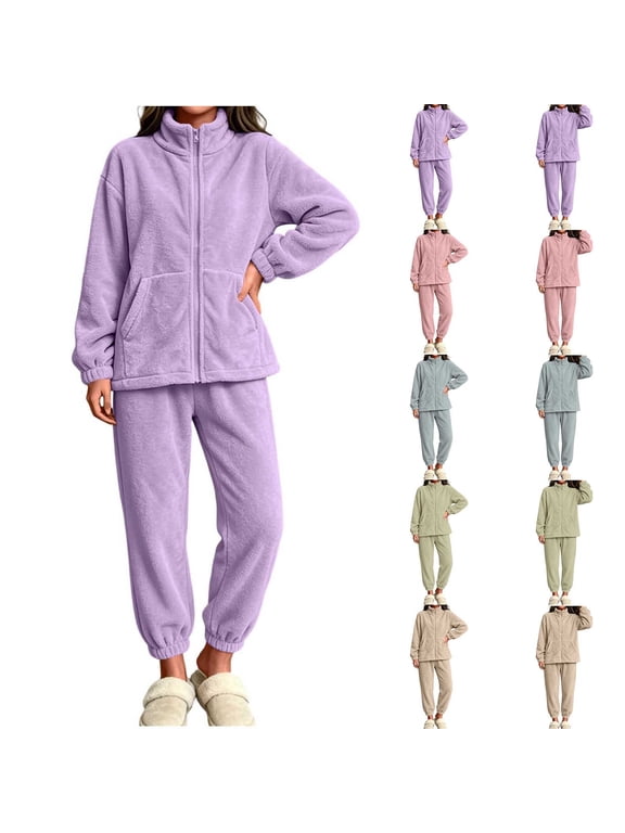 Women's Plush Fleece Pajama Set Soft Full Zip Up Bed Jacket Fluffy PJs Sets Lounge Sleepwear with Pockets