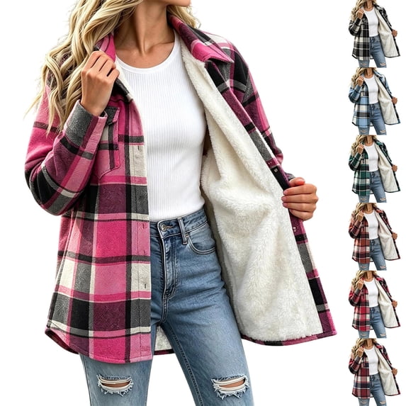 FchengtaiS Women's Sherpa Lined Jacket Full Zip Plaid Fleece Coat Fall Winter Warm Outerwear with Pocket