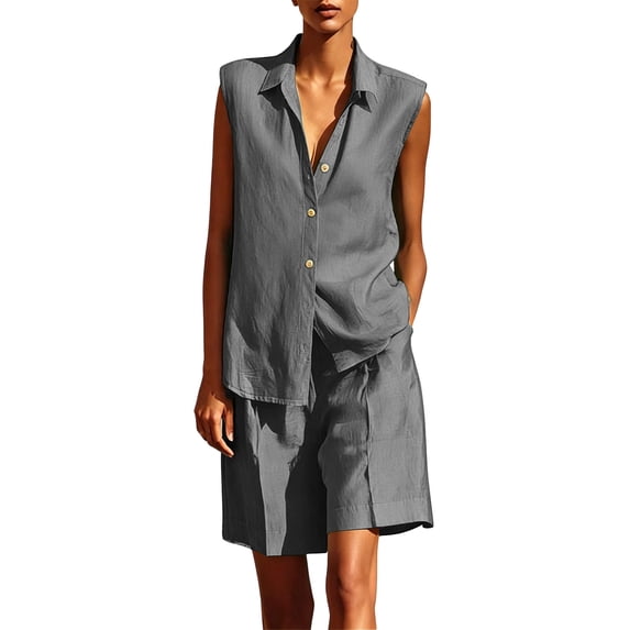 FchengtaiS Women's Summer 2 Piece Outfits Cotton Linen Matching Sets Sleeveless Button Down V Neck Shirts & Shorts with Pockets