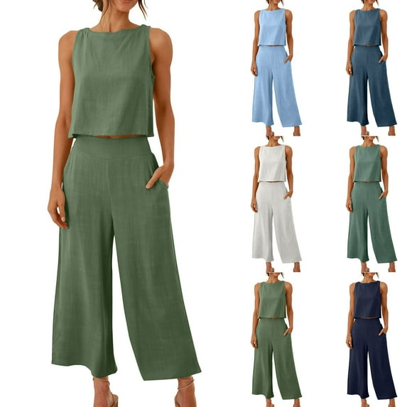 FchengtaiS Women's Summer 2 Piece Outfits Cotton Linen Sets Sleeveless Tank Crop Button Back Top Cropped Wide Leg Pants Set with Pockets