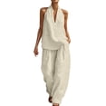 thumbnail image 1 of FchengtaiS Women's Summer 2 Piece Outfits Sleeveless Matching Sets Casual Halter V Neck Tops & Wide Leg Pants with Pockets, 1 of 6