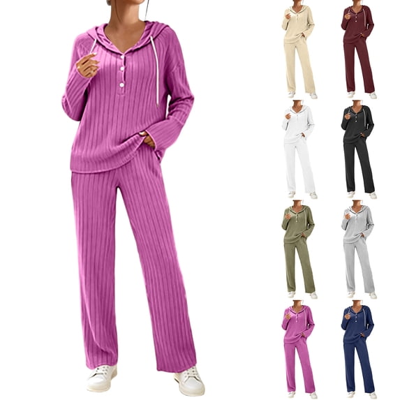 FchengtaiS Womens 2 Piece Ribbed Knit Outfits Lounge Matching Sets Long Sleeve Hoodies & Wide Leg Pants Fall Fashion Sweatsuits