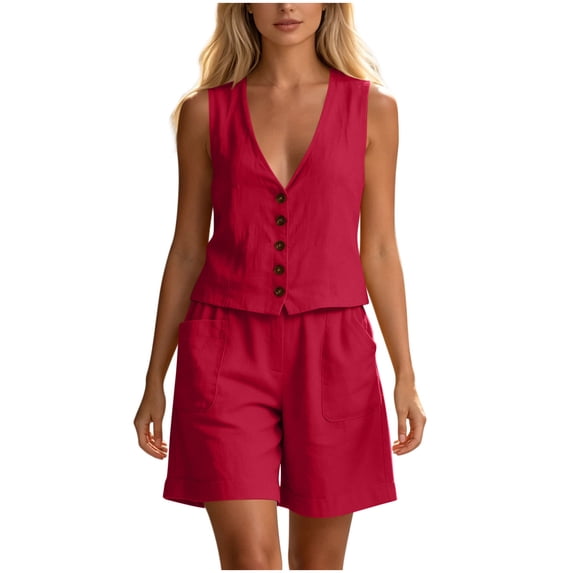 FchengtaiS Womens 2 Piece Short Sets Button Down Vest Top and Shorts with Pockets Summer Matching Outfits