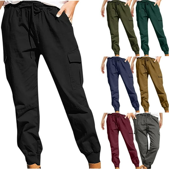 FchengtaiS Womens Cargo Pants Lightweight Quick Dry Jogger Loose Casual Stretch Drawstring Elastic High Waist Pant with Pockets
