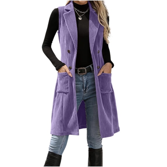 FchengtaiS Womens Corduroy Long Vest Double Breasted Sleeveless Blazer Jackets Business Casual Fall Outerwear Outfits with Pockets