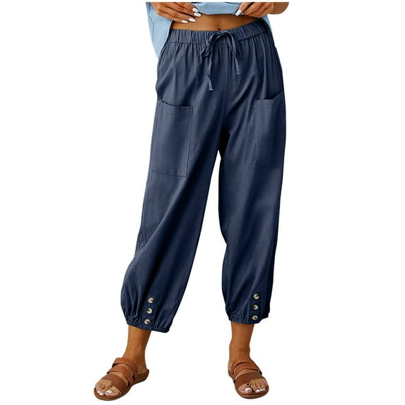 FchengtaiS Womens Cotton Linen Capri Pants 2023 Summer Loose Wide LegPants Casual Drawstring Elastic Waist Cropped Trousers with Pockets