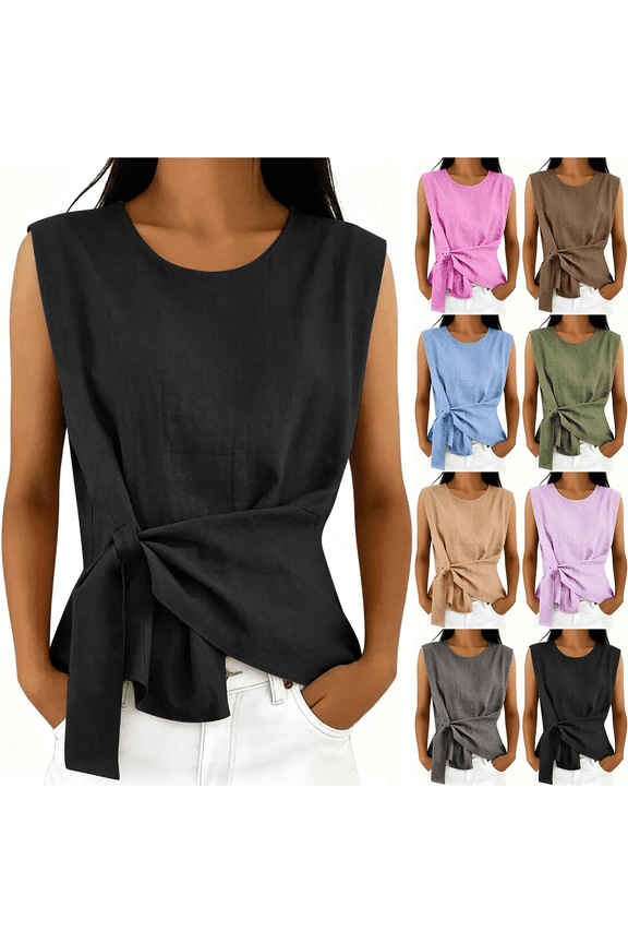 Womens Cotton Linen Tank Tops Wrap Tie Knot Sleeveless Crew Neck Shirts Casual Summer Beach Going Out Tops