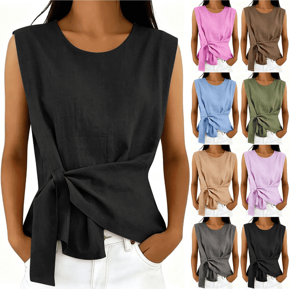 FchengtaiS Womens Cotton Linen Tank Tops Wrap Tie Knot Sleeveless Crew Neck Shirts Casual Summer Beach Going Out Tops