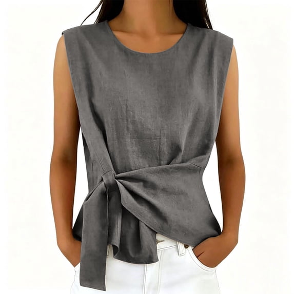 FchengtaiS Womens Cotton Linen Tank Tops Wrap Tie Knot Sleeveless Crew Neck Shirts Casual Summer Beach Going Out Tops