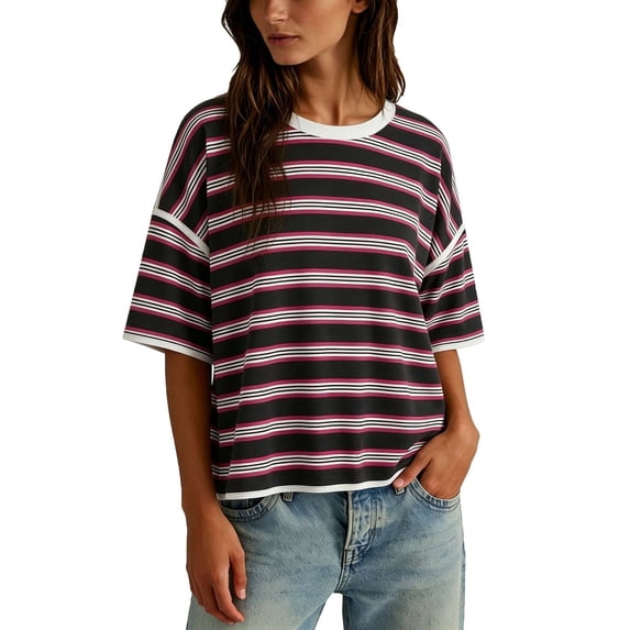 FchengtaiS Womens Oversized Striped T Shirts Short Sleeve Crewneck Y2K Tops Summer Casual Fashion Clothes