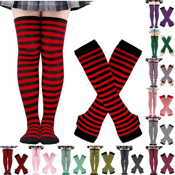 FchengtaiS Womens Striped Knee High Socks Long Knitted Arm Warmers Fingerless Gloves Set for Halloween Costume