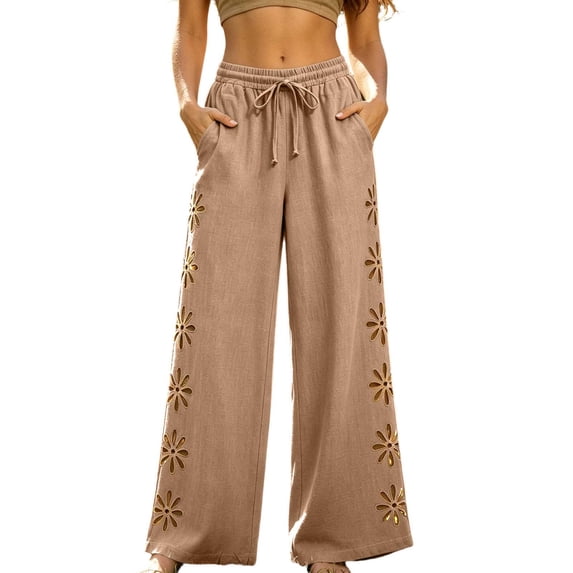 FchengtaiS Womens Summer Boho Pants Cotton Linen Floral Cutout Wide Leg Pants Elastic Waist Casual Palazzo Trousers with Pockets