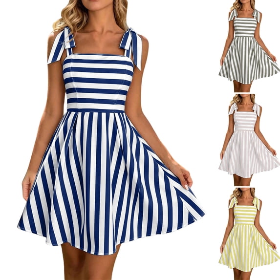 FchengtaiS Womens Summer Dress Striped Sleeveless Tie Shoulder Cami Dress Beach Flowy A-Line Sundress
