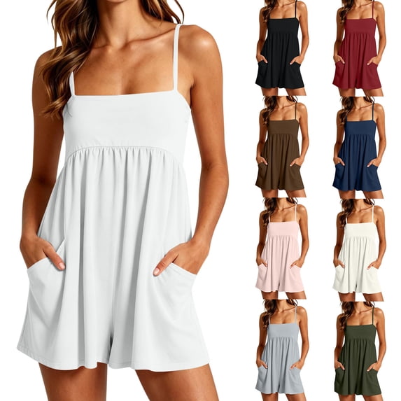 FchengtaiS Womens Summer Sleeveless Rompers Square Neck Spaghetti Strap Short Jumpsuits Beach Vacation Clothes with Pockets