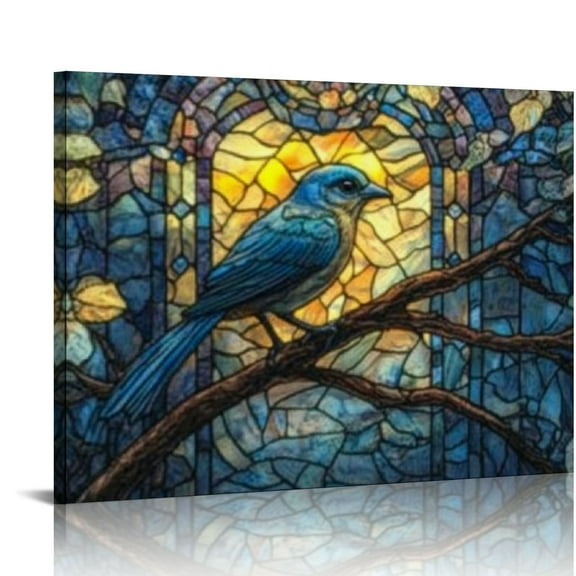 Fcxzi Bird Tree Branch Stained Glass Window Wall Art Canvas Ready To Hang Room Home Decor 16x12in