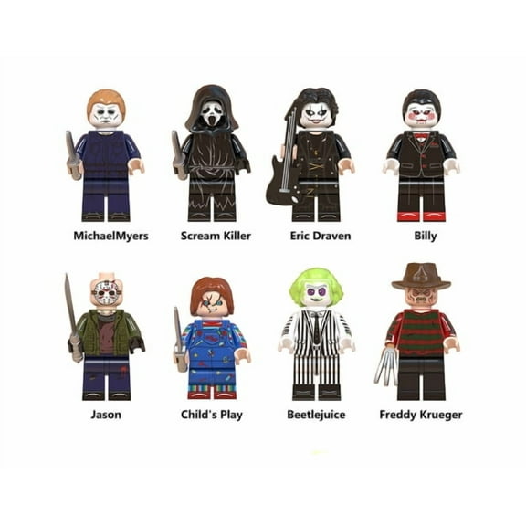 Fddxhl 8Pcs Horror Building Block Sets, Horror Action Figures Building Blocks Minifigures 2 Inches, Horror Collectables Jason Freddy Krueger Billy Michael Myers Eric Draven & More,Horror Toy for Kids