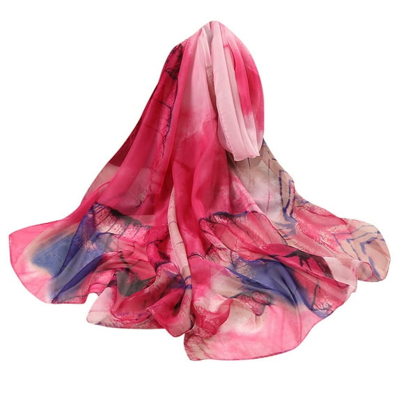 Fdelink 160*50Cm Women Flower Print Long Soft Wrap Scarf Silk Shawl Scarves Women Scarf (Hot Pink)