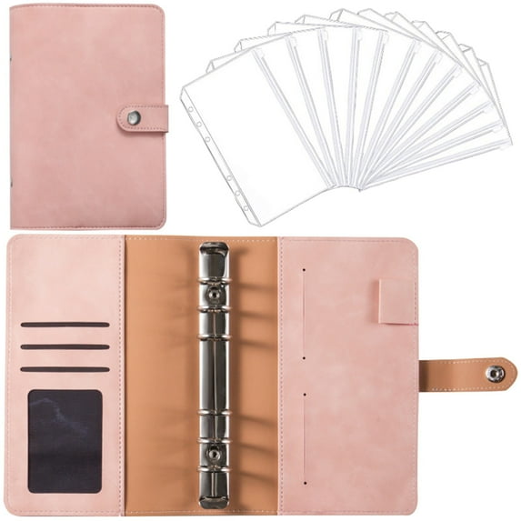 Fdelink A6 Leather Notebook Coin Storage Book (Red Bean Paste Pink-Soft Leather, with 12 Zipper Pockets),A6 Leather Notebook with 12 Loose-Leaf Zipper Pockets, Bill Change Storage Book,